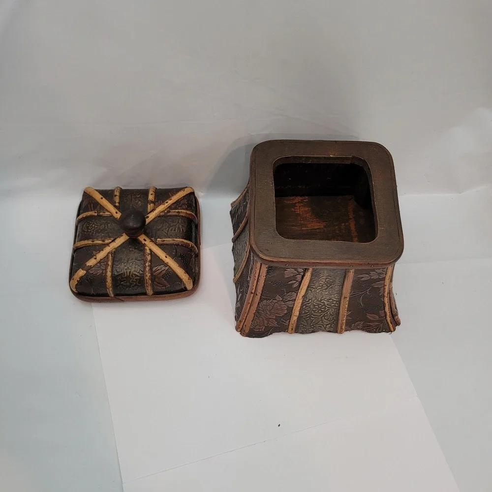 Vintage Decorative Keepsake Box Brown Floral Embossed Bamboo Trim Flared